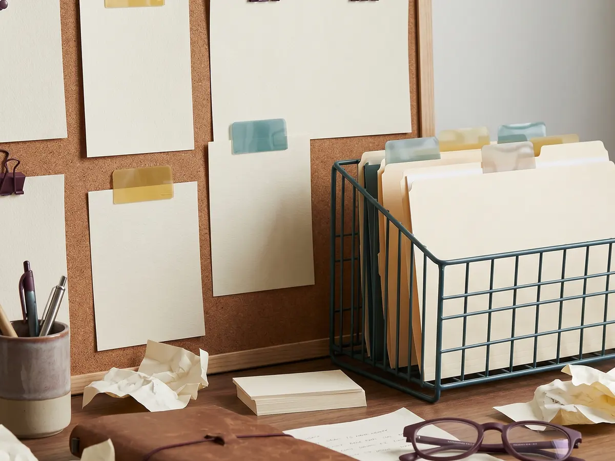 A compact desk method scene with pinned paper, clips, and dark plum briefing materials