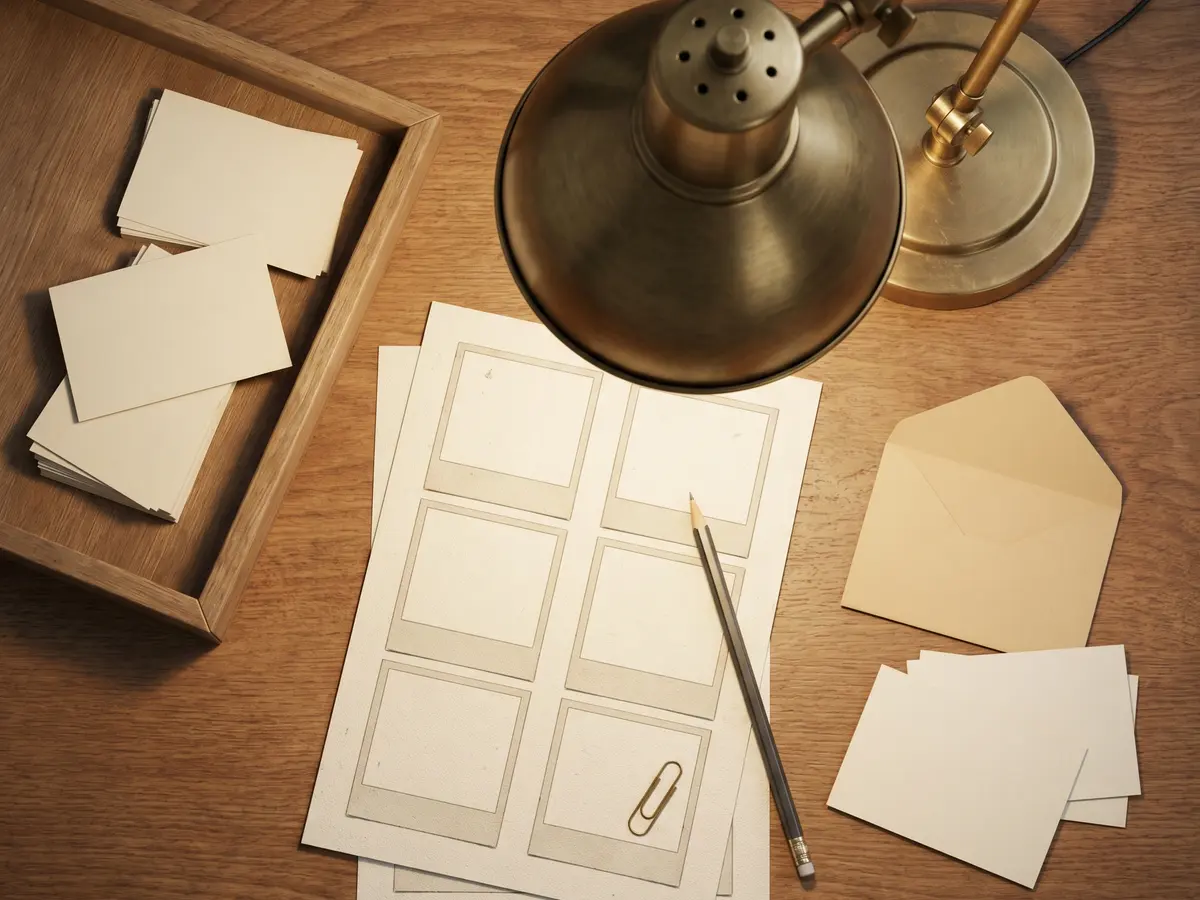 A signal note desk tray with blank cards, a graphite pencil, and clipped paper
